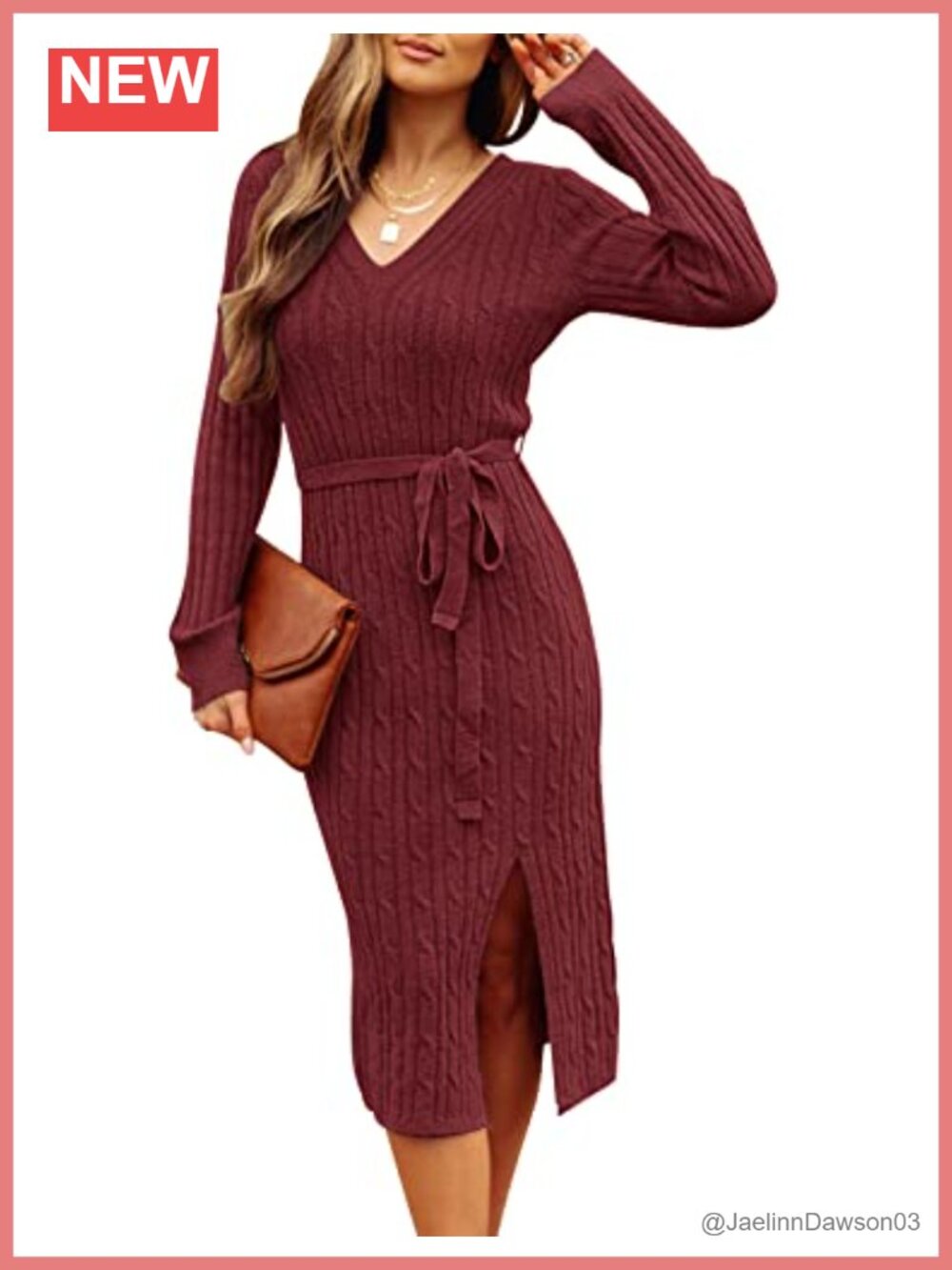 Long Sleeve V Neck Cable Knit Midi Sweater Dress Bodycon Tie Waist